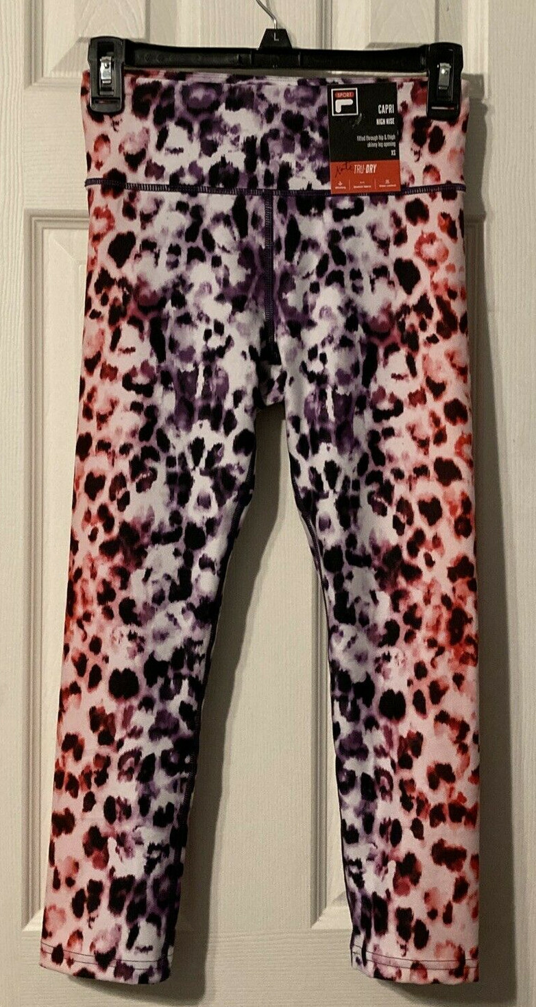 FILA Black Pink Purple Animal Print High Rise Activewear Capri Size XS NWT