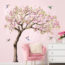 Large Blooming Cherry Tree Wall Decals Pink Peach Blossom Tree Hummingbirds W...