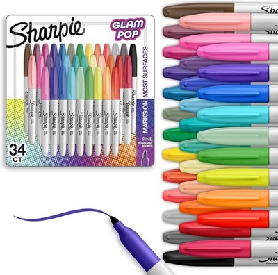 Glam Pop Permanent Markers Fine Tip Assorted Colors 34 Count Arts & Crafts