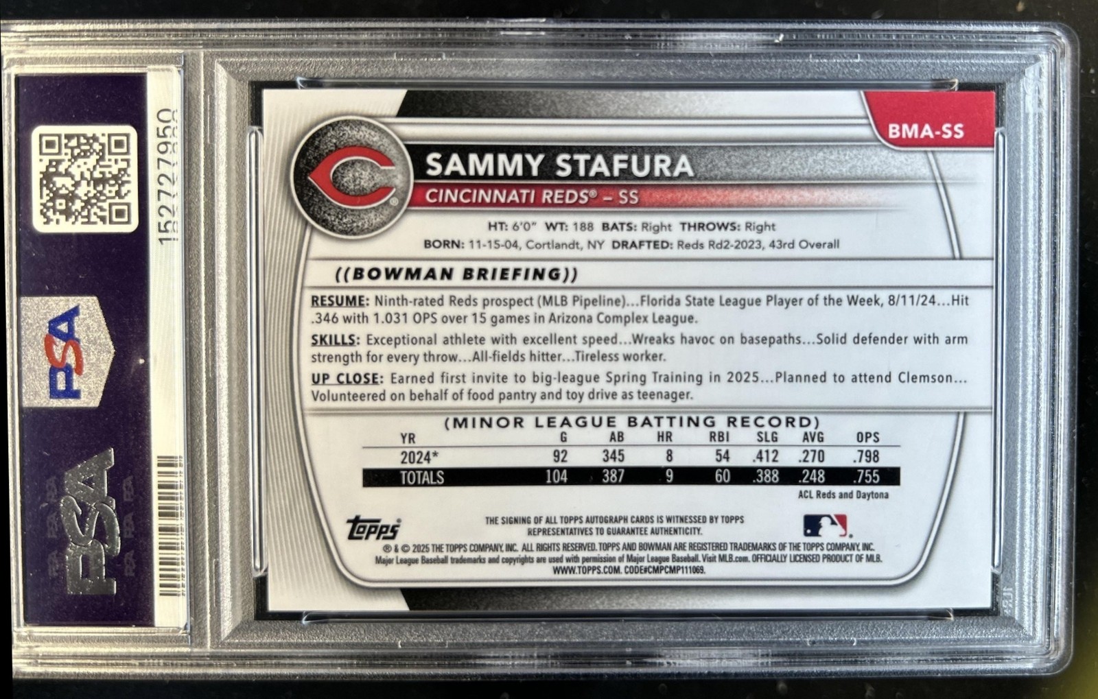 2025 Bowman Chrome Mega Box Sammy Stafura Auto Steel Metal Refractor #/100 PSA 9 view 2