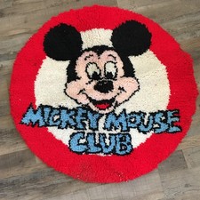 Vtg Mickey Mouse Club Round Latch Hook Rug Wall Hanging Handmade Complete 34x33"