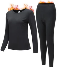 Women Thermal Underwear Set, Long Johns Base Layer, X-Large, Black