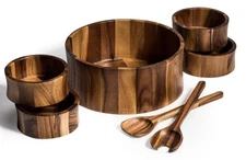 7 piece Extra Large Acacia Wood Salad Bowl with Servers and 4 Individual bowls -