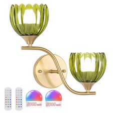 Battery Operated Wall Sconce, 2-Lights Vinatge Brass Wall Lighting with Green...