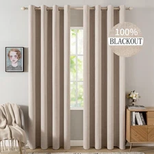 Linen Textured Curtains Solid 100% Blackout for Bedroom Thermal Insulated Nat...