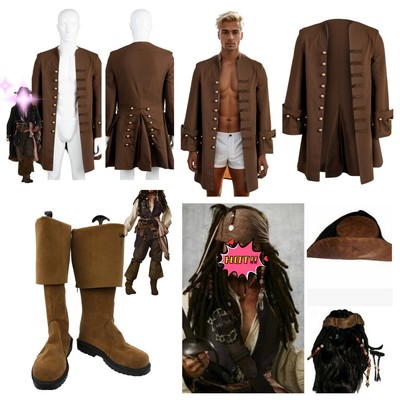 Pirates Jack Sparrow Cosplay Brown Jacket Halloween Brown Coat Wig+Beard/Boots