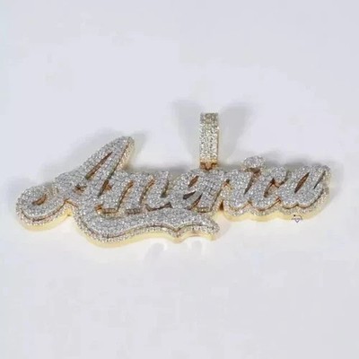 3Ct Round Cut Real Moissanite Men's Custom Name Pendant 14K Yellow Gold Plated
