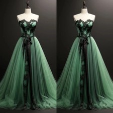 Green Gothic Wedding Dresses Off Shoulder Black Beading Satin Bridal Gowns