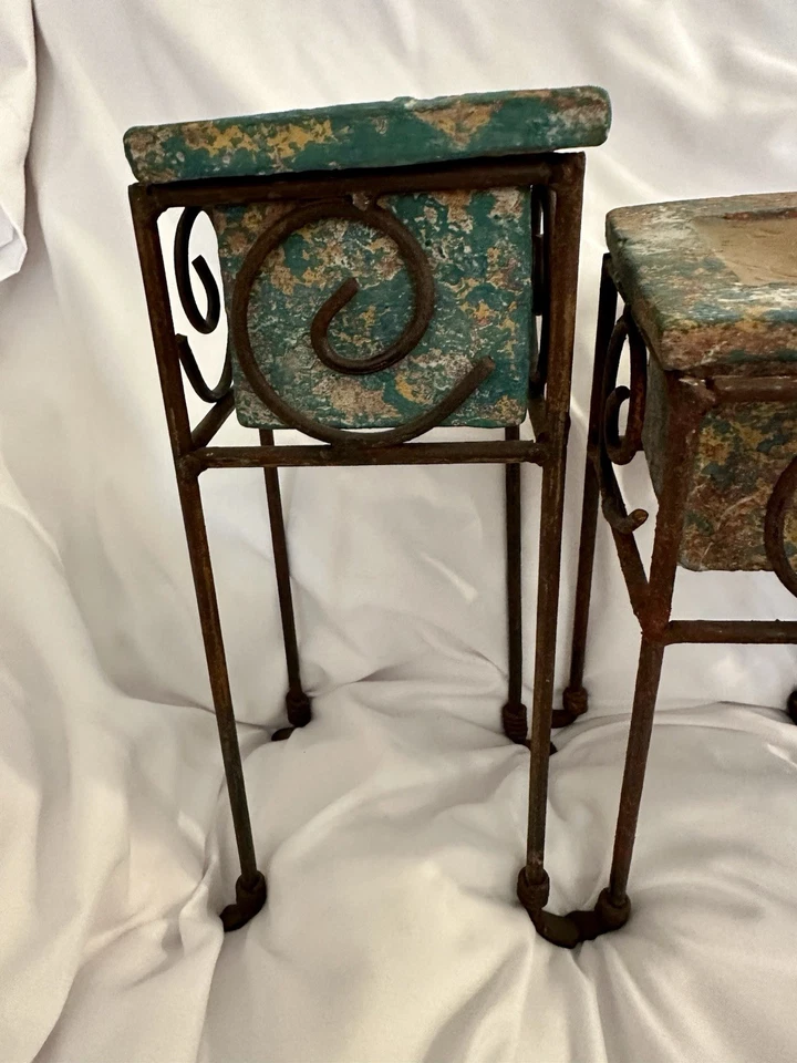 Wrought Iron Candleholders With Turquoise Ceramic  Holders w/Candles. Set Of 3 - Image 3 of 4