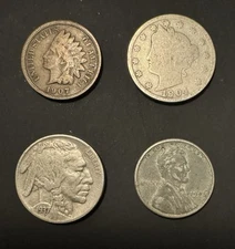 Small Cent US 4 Coin Lot Indian Head Liberty V Nickel Buffalo Nickel Steel Wheat