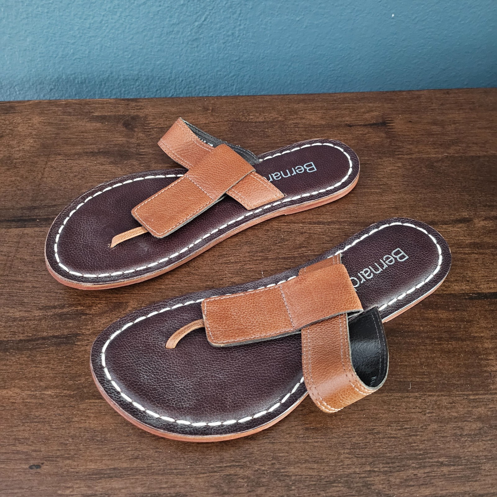 Bernardo Brown Leather Woven Triangular Thong San… - image 1