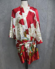 Vintage Japanese Geisha Print Robe Women One Size Red Floral Satin Kimono Belted