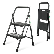 2 Step Ladder, Portable Steel Folding Stool with Wide 2-Step, Black 