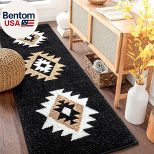 Boho Bathroom Rugs Runner 20X47, Black Aztec Western Bath Mat Non Slip Long Luxu