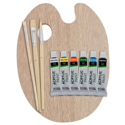 U.S. Art Supply Wood Painting Acrylic & Brush Set with Palette, Light Brown 