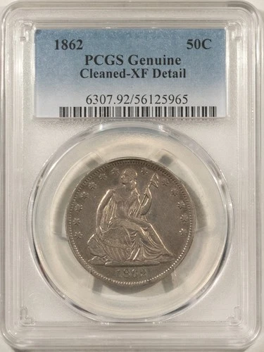 1862 SEATED LIBERTY HALF DOLLAR - PCGS GENUINE CLEANED XF DETAIL, TOUGH DATE!