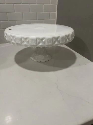 Vintage Westmoreland Quilt Milk Glass Round Skirted Pedestal Cake Stand RARE 12”