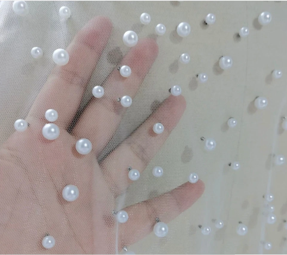 Envoltura de boda con cuentas corta completa perla encogerse de hombros para mujer capa de tul chal con capa nupcial Foto 3 de 4