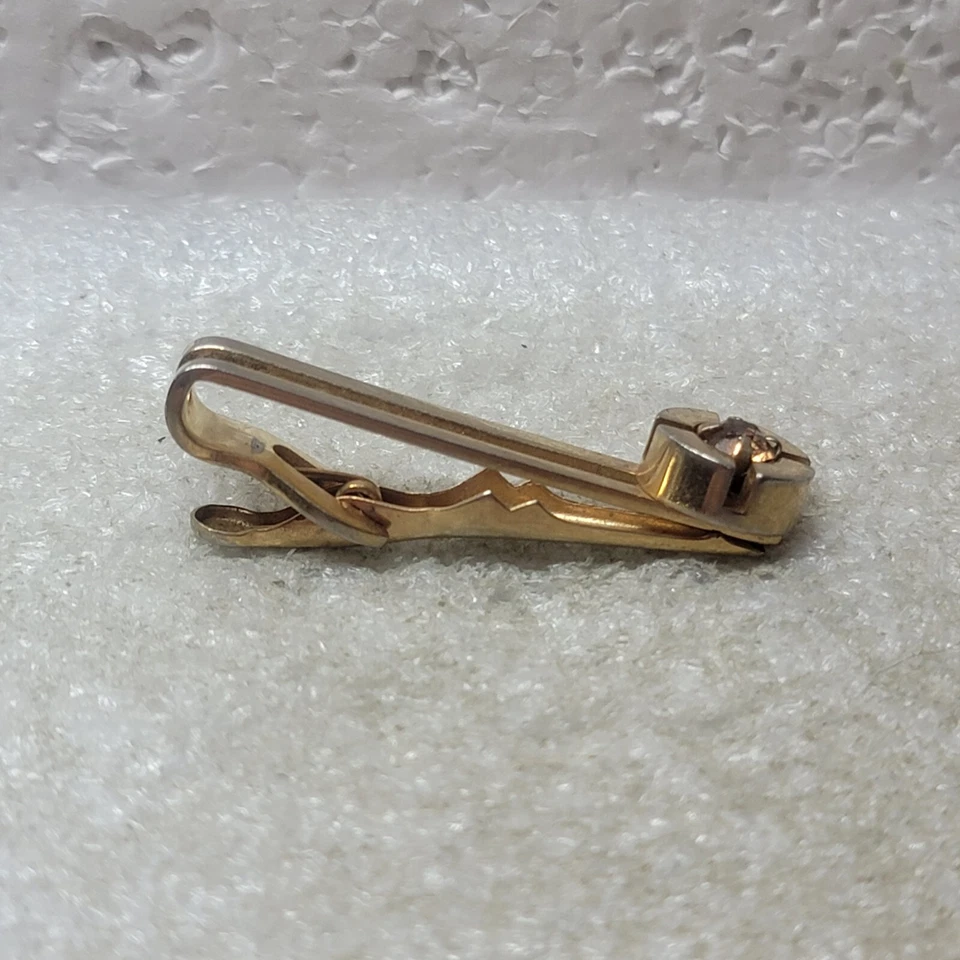 Clip de barra de corbata Swank vintage en tono dorado rectángulo con círculo color ámbar gema Foto 3 de 4