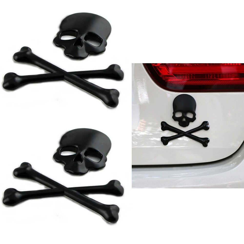 2PCS Black 3D Crossbones Skull Metal Logo Emblem Badge