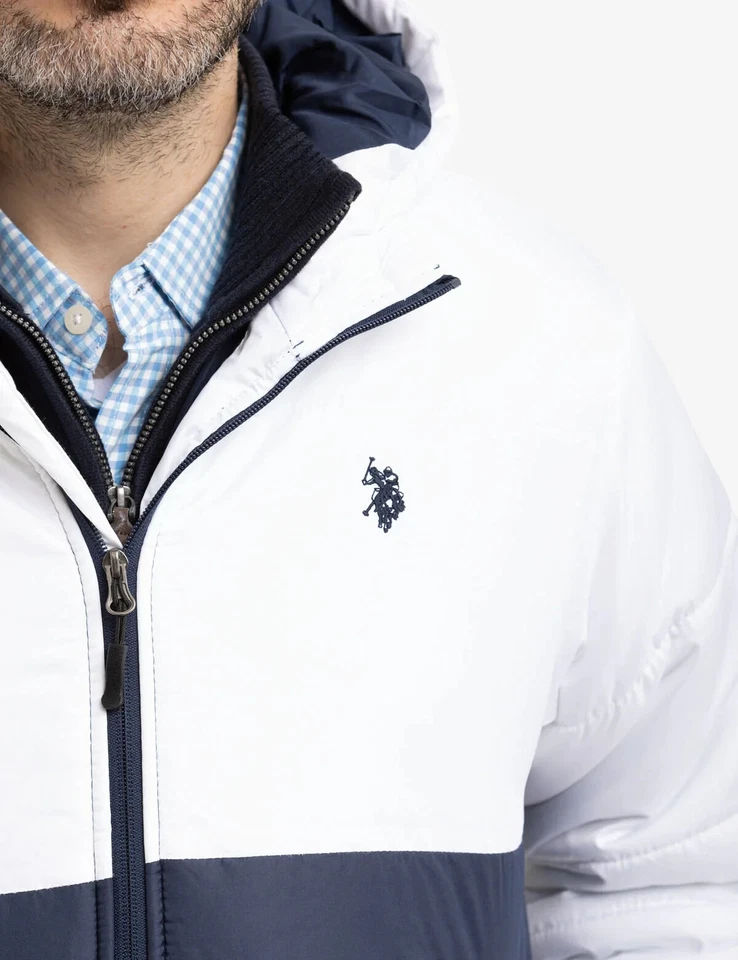 US Polo Assn Puffer Chaqueta Grande Con Capucha Blanco/Azul Marino Foto 2 de 4