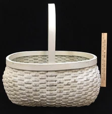 Basket Woven Wood Whitewashed Distressed w/ Fixed Handle Large Farm Garden 17x19