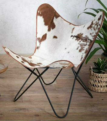 Vintage Schmetterling Ohrensessel Kuhfell-Leder Klappbar Lounge Arm Relax