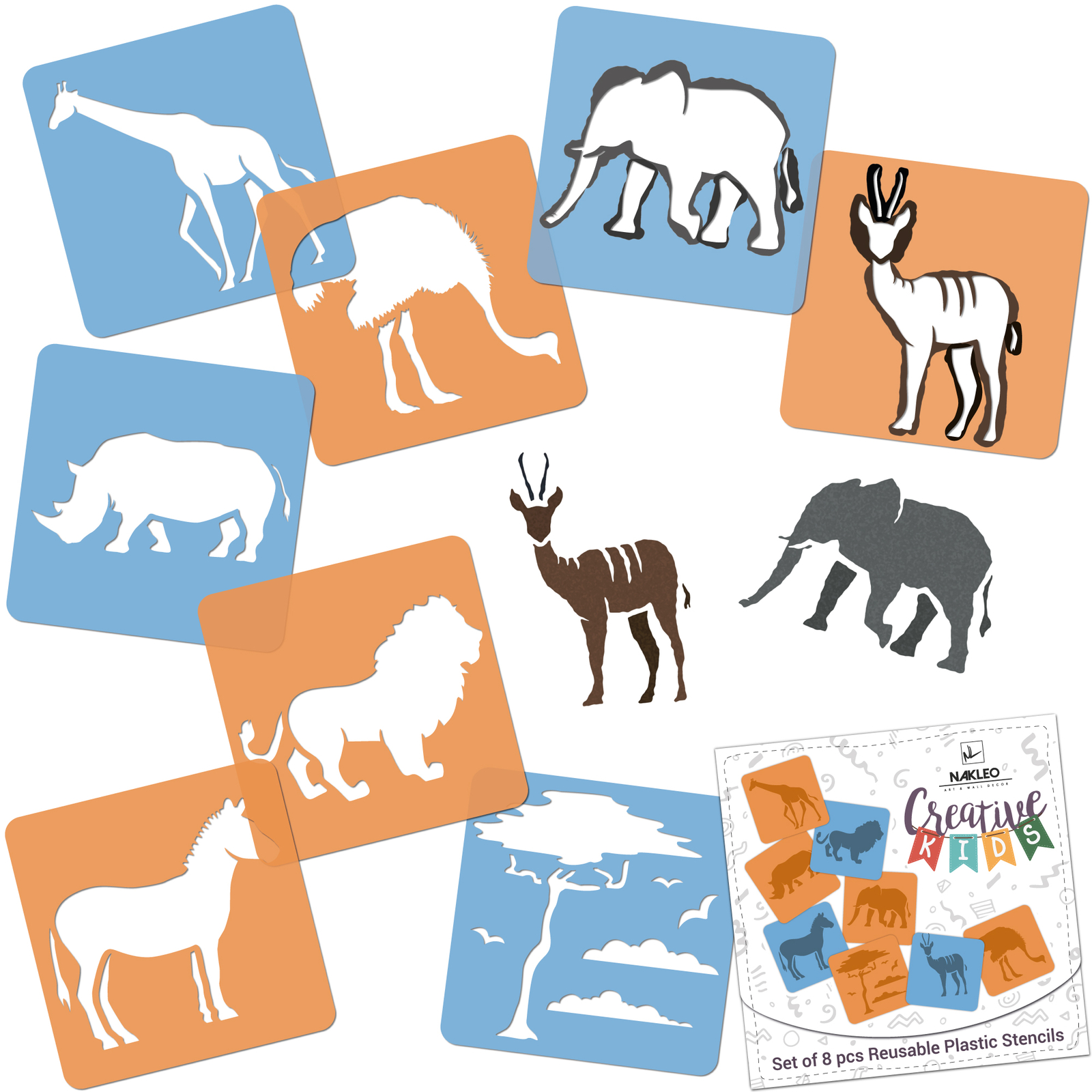 8 pezzi Stencil da disegno per bambini 15x15cm / ANIMALI DELLA SAVANA / Pittura