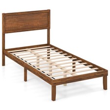 COSTWAY Single Size Bed Frame Acacia Wood Platform Bed w/Headboard-Walnut