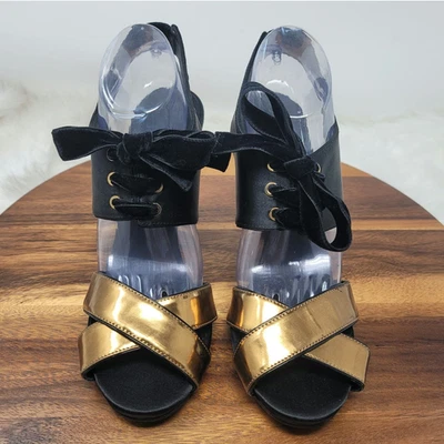 Tory Burch Black Gold Kyle Satin Metal Suede Lace Up HIGH Heels 11M - Image 1 of 4