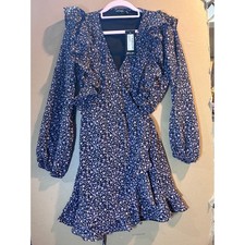 Nasty Gal Wrap Mini Dress Womens 10 Black Floral New Ruffle Balloon Sleeve