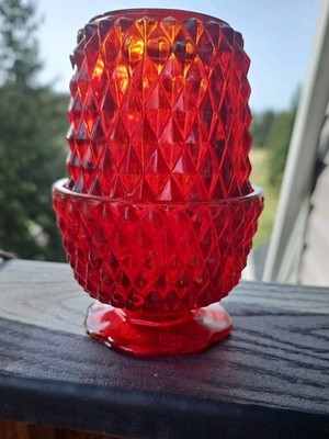 Vintage Red Diamond Point Fairy Lamp / Light Indiana Glass  5'' Tall