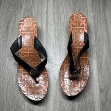 TORY BURCH Thora Black Patent Leather Wedge Flip Flops Sandals Size 7M