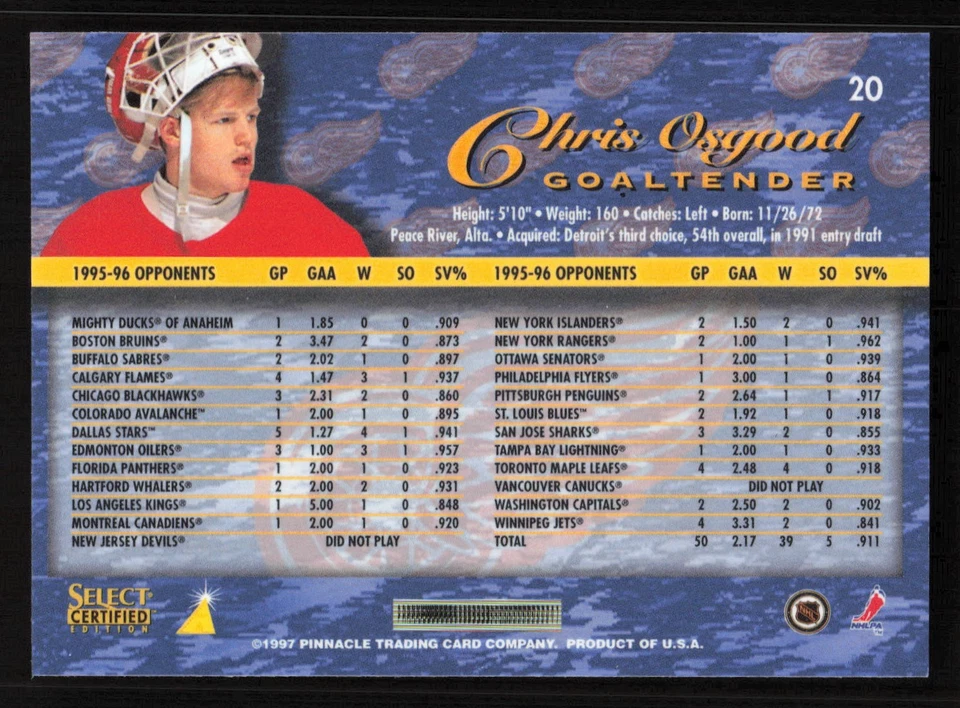1996-97 Select Certified #20 Chris Osgood Card TCCCX - Image 2 of 2