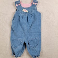 C C Baby Girl's Denim Jumper Romper Featuring Pink Floral Buttons Size 6-9 Month