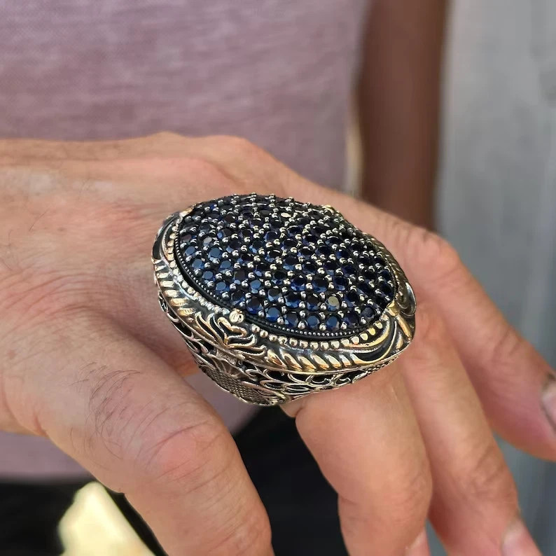 Anillo grande de zafiro para hombre de plata de ley 925 otomano micro pavé hecho a mano