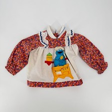 Vintage Sesame Street Cookie Monster Floral Smock Top Red White Blue Kids Size 2