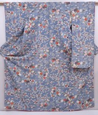 6129T11z1100 Vintage Japanese Kimono Silk FURISODE Flowers Steel blue