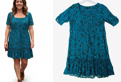 NEXT Petite türkisblau Tiermotiv Hängerchen Kleid Größe 14 Volantsaum Kurzarm