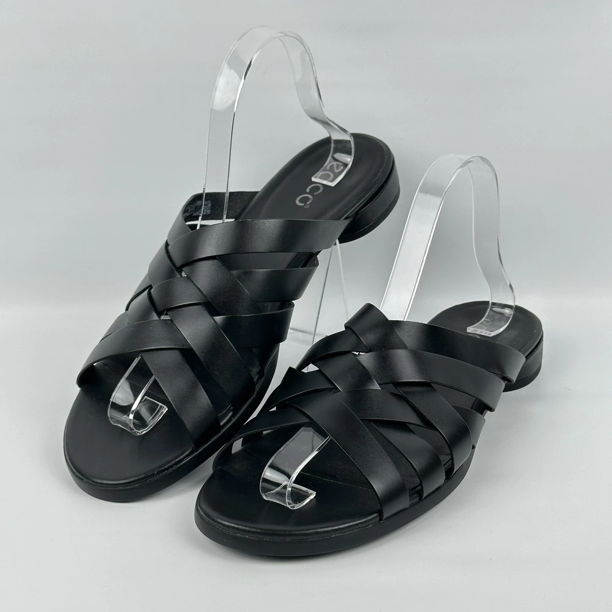 Ecco Leather Slip On Flats Sandals Shoes Woven Strappy Black