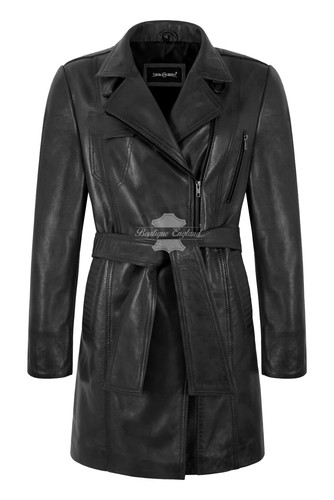 Womans Leather Coat ELEGANT Collared Cross Zip Real Soft Leather 3/4 Long Jacket - Picture 12 of 19