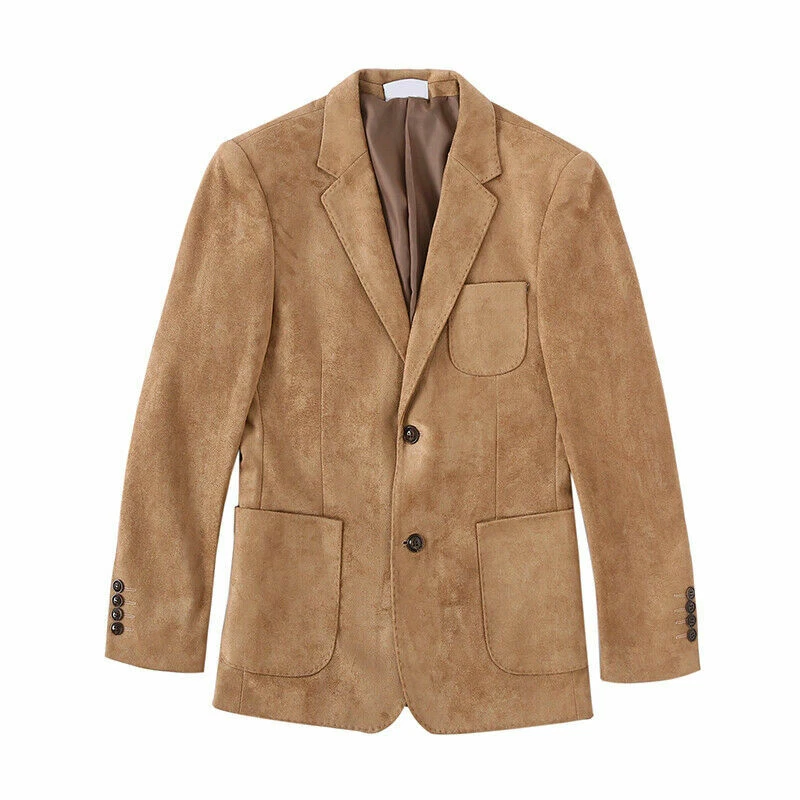 Khaki Suede Men's Blazer Casual Sports Slim Fit British Style Slim Fit Coat - Image 4 of 4