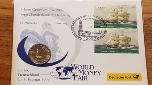 2 Euro Münze  Numisbrief 2008  Hamburg J vergoldet stempelglanz Neu Michel - Bild 1 von 9