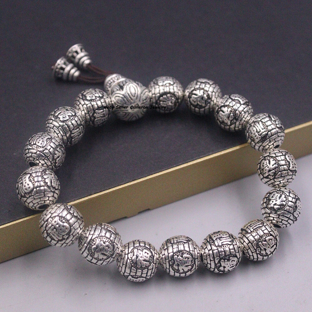 Pure S999 Fine Silver Bracelet Men Women 12mm Bless Fu Beads