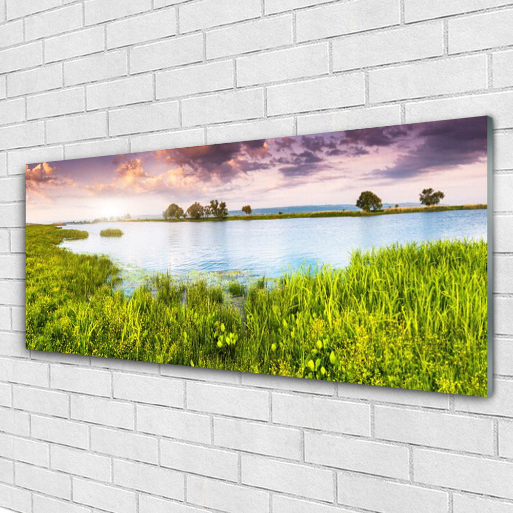 Tableau sur verre nature de 125x50 cm avec lac et herbe sauvage