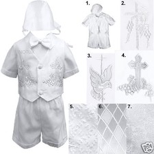 New Infant Toddler Boys Christening Baptism White Vest Shorts Set Outfits  Hat