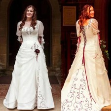 Enchanting Celtic Burgundy Embroidered Vintage Wedding Gown with Victorian