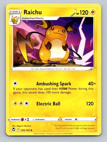 2022 Pokemon Card Silver Tempest Raichu 50/195