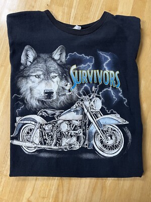VTG 90s American Thunder “Survivors” Biker Wolf Lightning T-Shirt