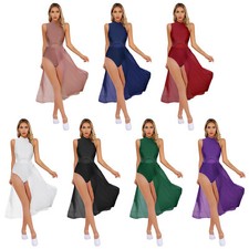 Womens Leotard Flowy Rhinestone Patchwork Dress Roller Lyrical Party Dancewear